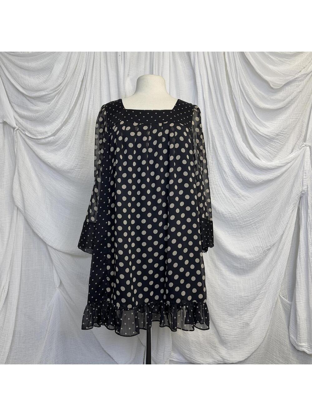 Vintage Boho Minimalist  Black Polka Dot Sheer Sleeve Dress